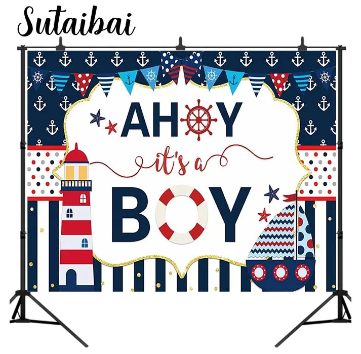 

Ahoy It's A Boy Nautical Baby Shower Background Marine Lighthouse Voyage Boat Party Banner Decorations 1st Birthday Backdrop