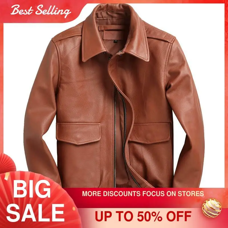 

2021 Light Brown Military Style A2 Leather Jacket Plus Size 4XL Genuine Natural Cowhide Autumn Slim Fit Aviation Coat