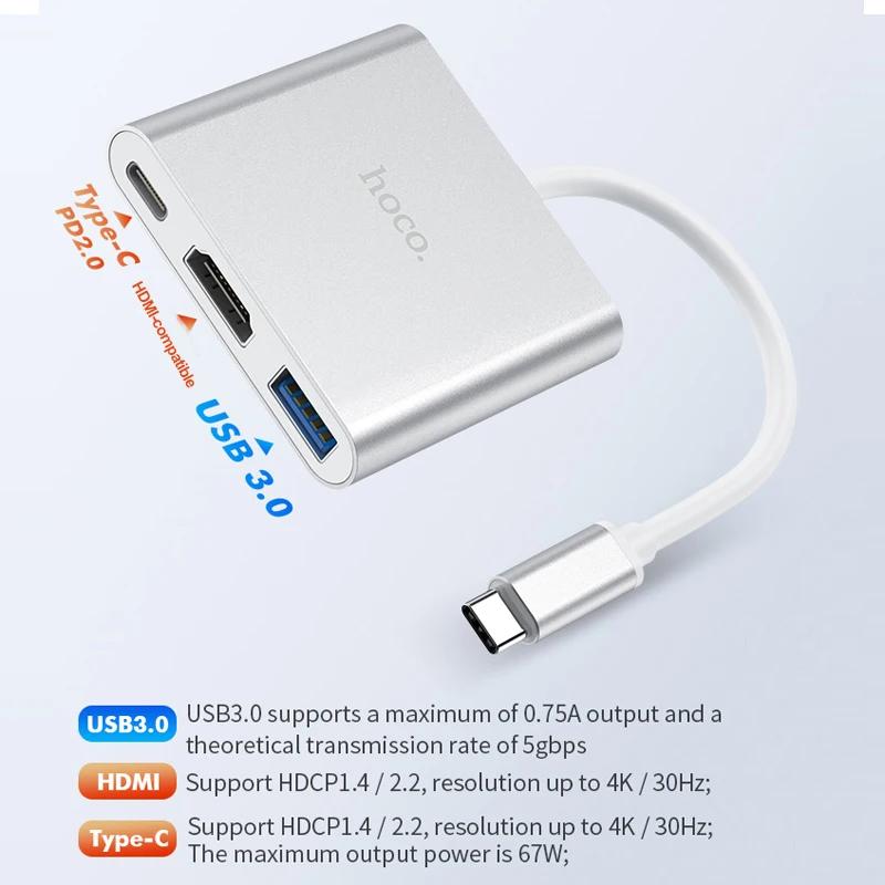 Концентратор HOCO USB Type-C 3 в 1 0 HDMI совместимый адаптер USB-сплиттер для ноутбуков