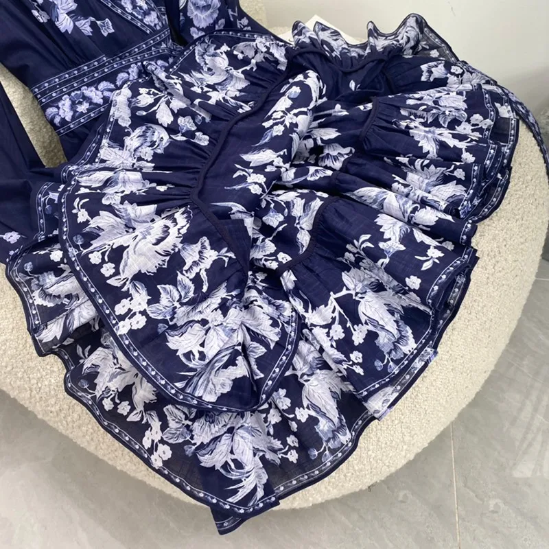 

2021 Summer New Arrival Vinage Navy Blue Long Lantern Sleeve Open Waist Ladies Elegant Wrap Dresses