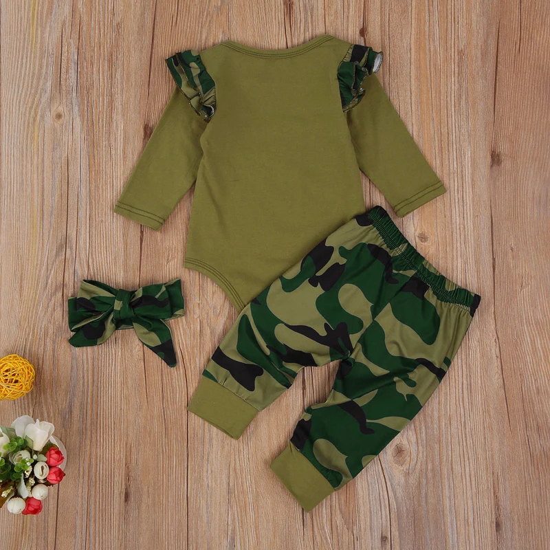 

lioraitiin 0-24M Newborn Baby Girl Clothing Set Long Sleeve Romper Camouflage Pants Headwear 3Pcs Suit