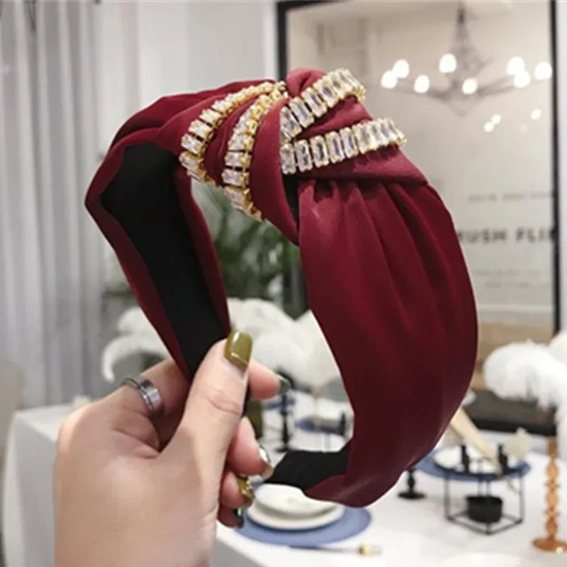 

Shiny Crystal Diamonds Headband Knot for Women Hair Jewelry Solid Satin Hairband with Crystals Chains Decorated Adults Headpiece