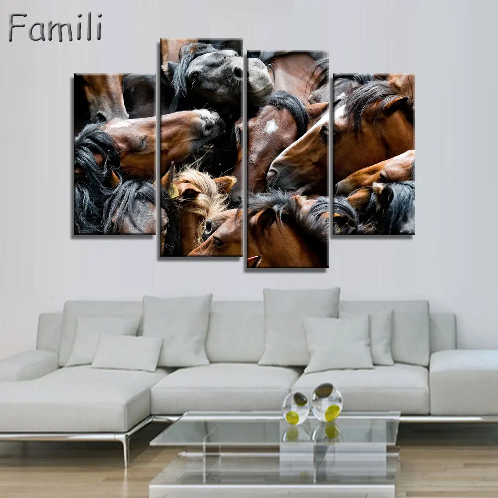4 шт. Настенная картина без рамки с изображением черной лошади | Дом и сад