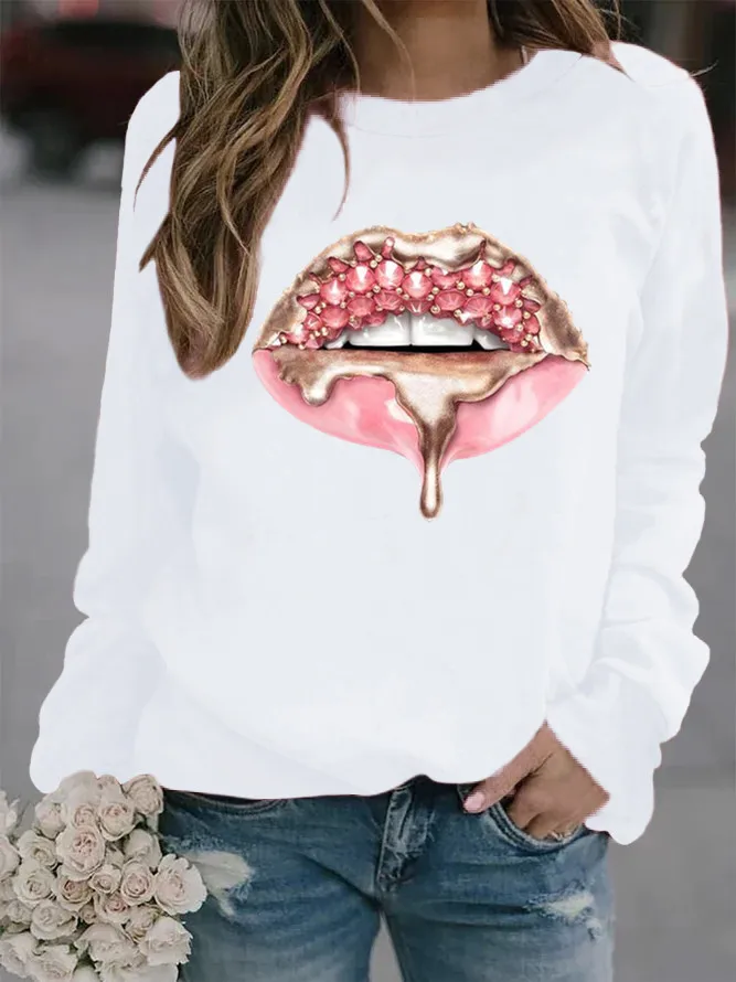 

Diamond Lip Printed Hoodies Women Fleece Long Sleeve O Neck Loose Sweatshirt Girls Women Hoodie Pullovers Winter