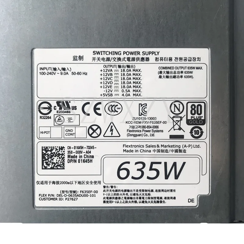SZWXZY Оригинал для DELL T3600 T5600 635W Питание NVC7F DPS 635AB AD635EF 00 CN 01K45H 1K45H|Компьютерные кабели