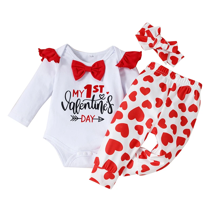 

Baby Girl\u2019s Tops and Trousers Suit Special Letter Long Sleeve Romper and Heart Long Pants with Headband For Toddler Babies