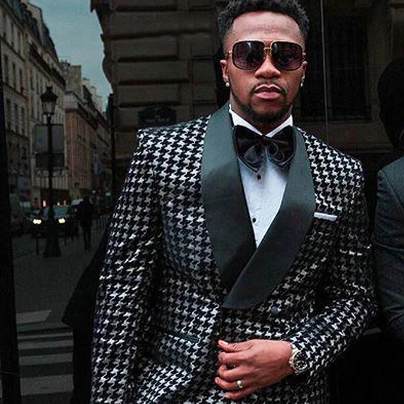 Мужской двубортный клетчатый костюм облегающий свадебный смокинг для жениха из
