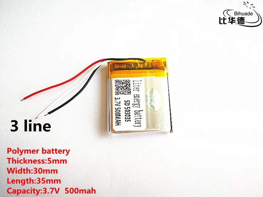 

5pcs/lot 3 line Good Qulity 3.7V,500mAH,503035 Polymer lithium ion / Li-ion battery for TOY,POWER BANK,GPS,mp3,mp4