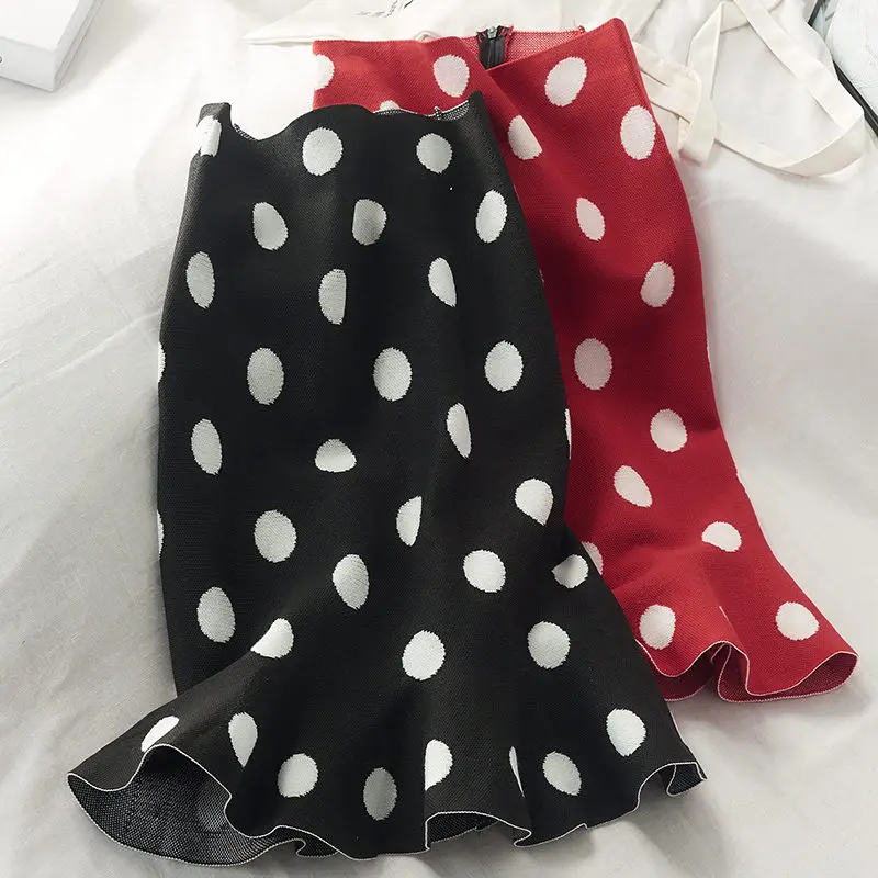 LUOSHA женская трикотажная юбка миди в горошек с оборками Осень-зима 2020 | Женская