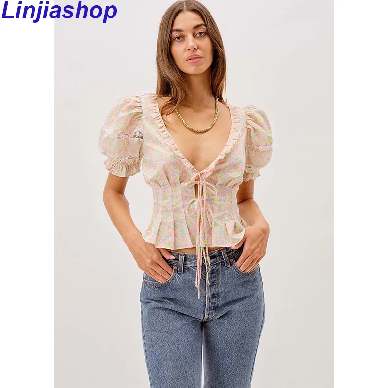 

Sweet Floral Print Shirt Women Sexy V Neck Front Lace Up Holiday Summer Tops Ladies Blouse Puff Sleeve Casual Blusas