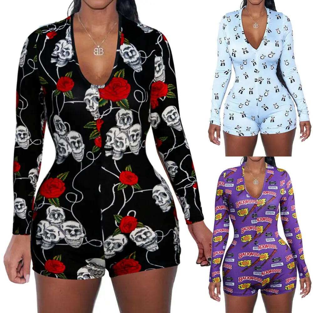 

Spring Womens Jumpsuit Cute Fashion Floral V-neck Long Sleeve Bodysuit Sleepwear jumpsuit pajamas Button Bodysuit Shorts Romper
