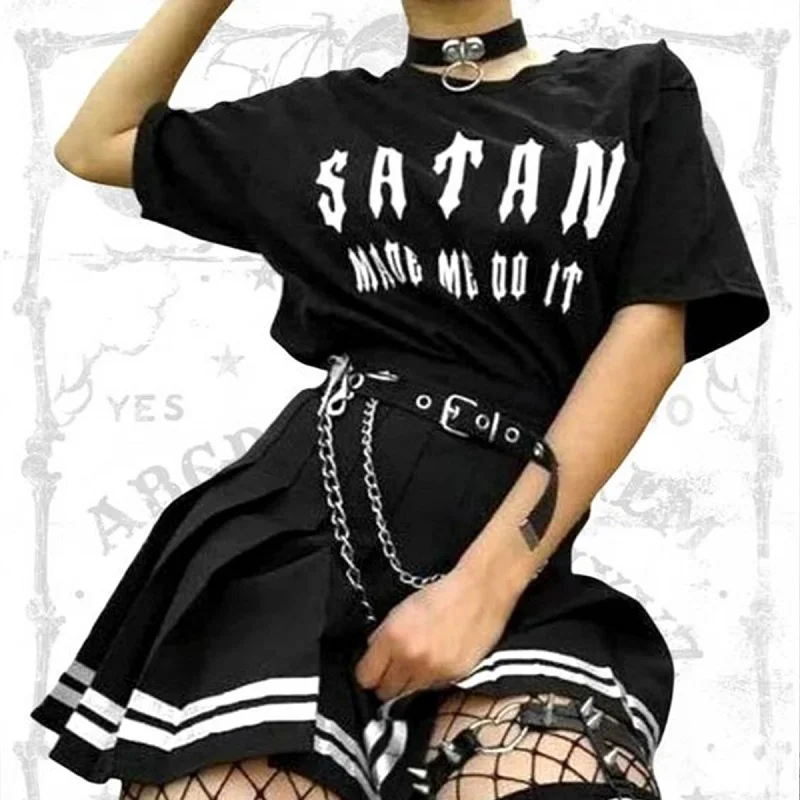 

Satan Made Do It Letter Printed Gothic Style Cool Grunge Women Tee T-Shirt Hip Hop Punk Harajuku Hipster Casual Black Top