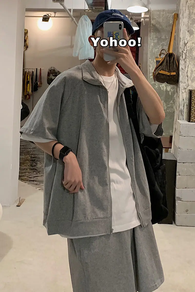 

2020 Summer New Youth Popular Solid Color Loose Stand Collar Short Sleeve Jacket Straight Crop Pants Fashion Casual Men's Suit