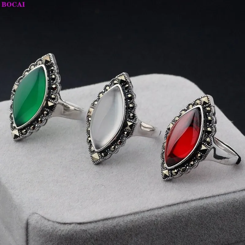 

BOCAI 100% S925 Sterling Silver Rings Garnet Chalcedony Agate Rhombus Pure Argentum Color Gemstone Marcasite Ornament for Women