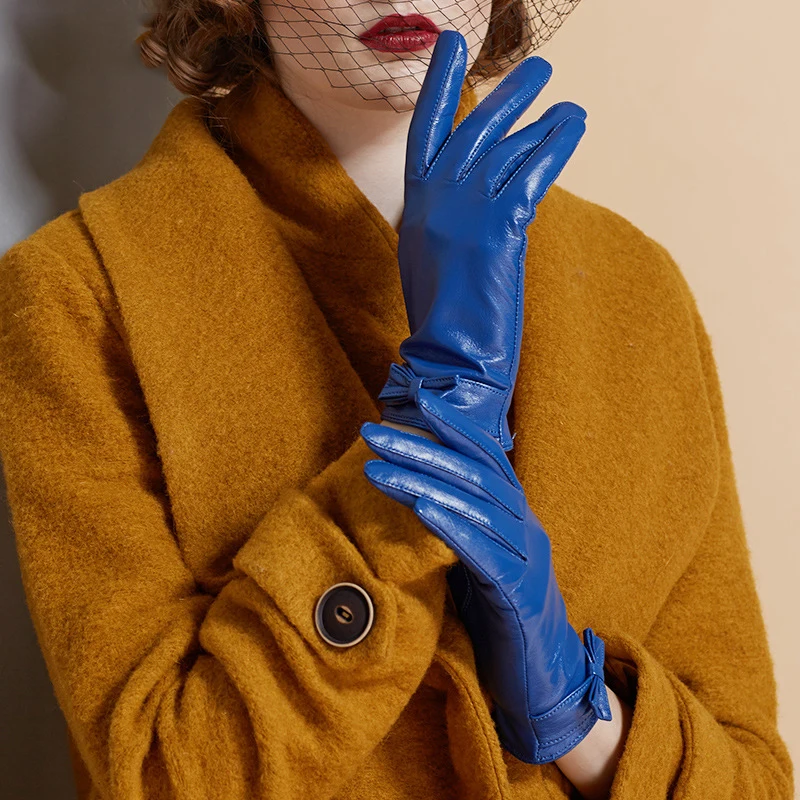 

Classic Women's Genuine Leather Gloves Ladies Fashion Elegant Bow Color Fur Warm Driving Mittens Female Glove S2259