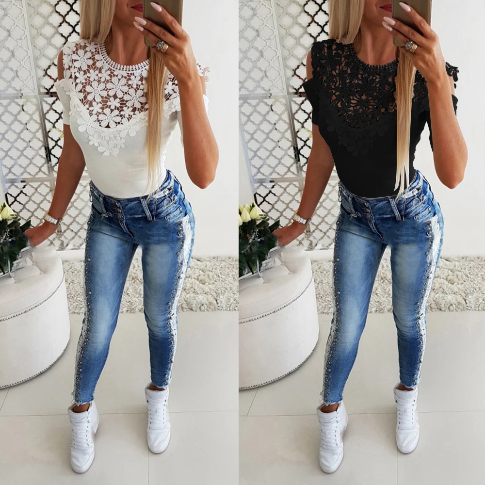 Распродажа летняя однотонная черная и белая женская футболка кружевная топы с