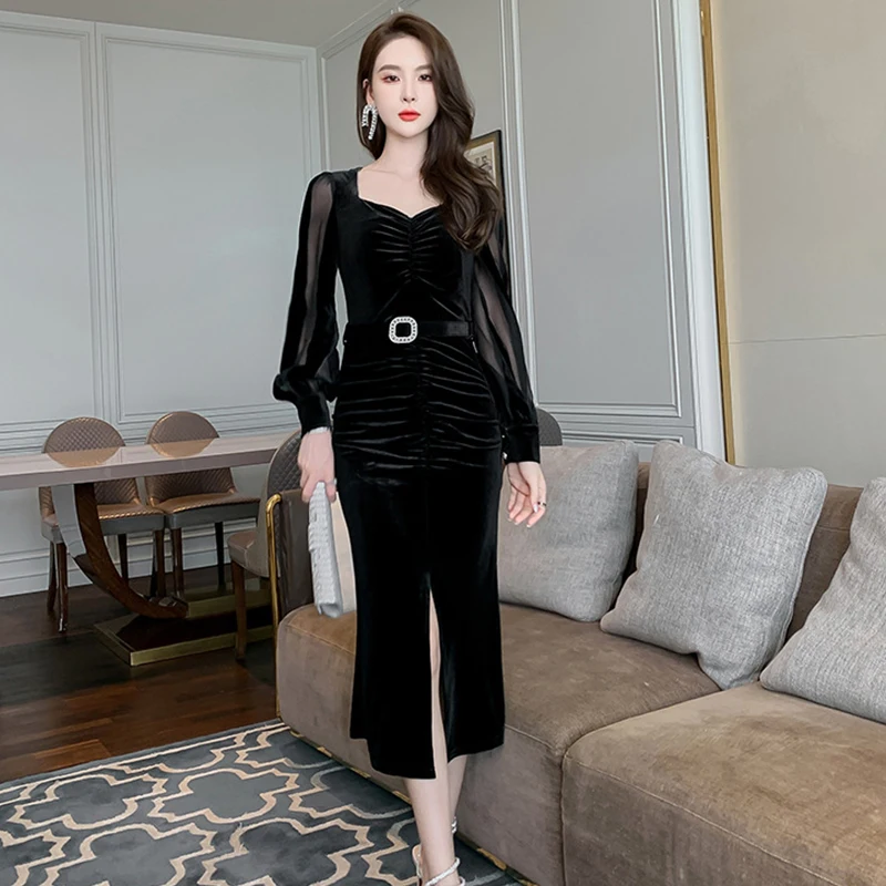 

Fashion Women French Retro Sweetheart Neck Folds Midi Party Dress Elegant Coffee Break Robe Velvet Belt Black Split Female Dress
