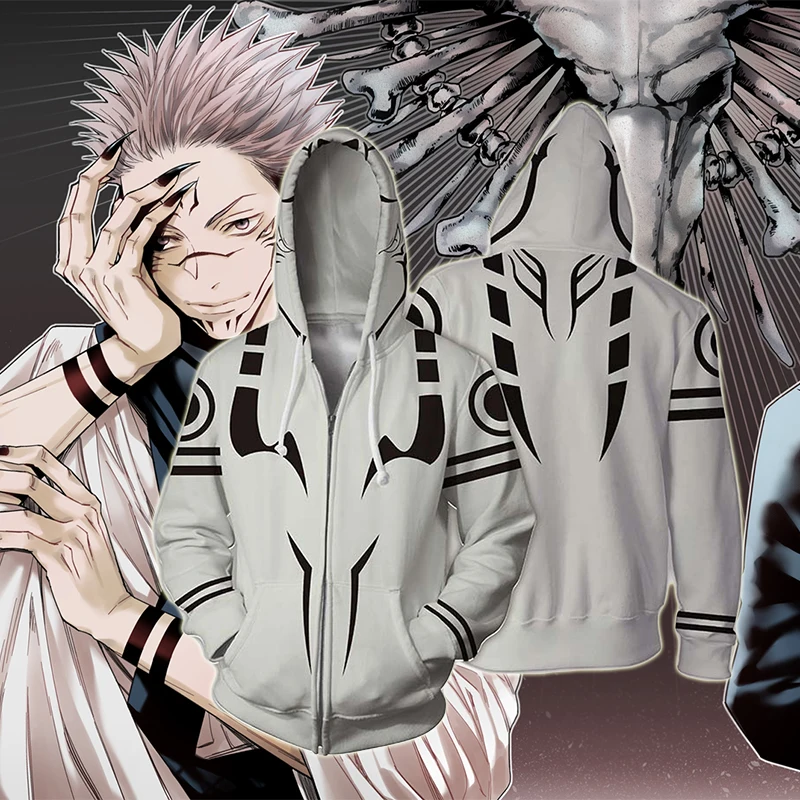 

Anime JUJUTSU KAISEN Cosplay Zipper Hoodie Itadori Yuji Costume White School Uniforms Hooded Polyester Jacket Women Men Cltothes