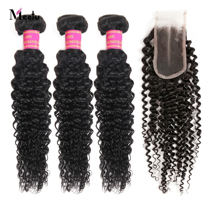 Meetu перуанские кудрявые волосы 3 пучка с закрытием 100% человеческие 2X4 не Remy