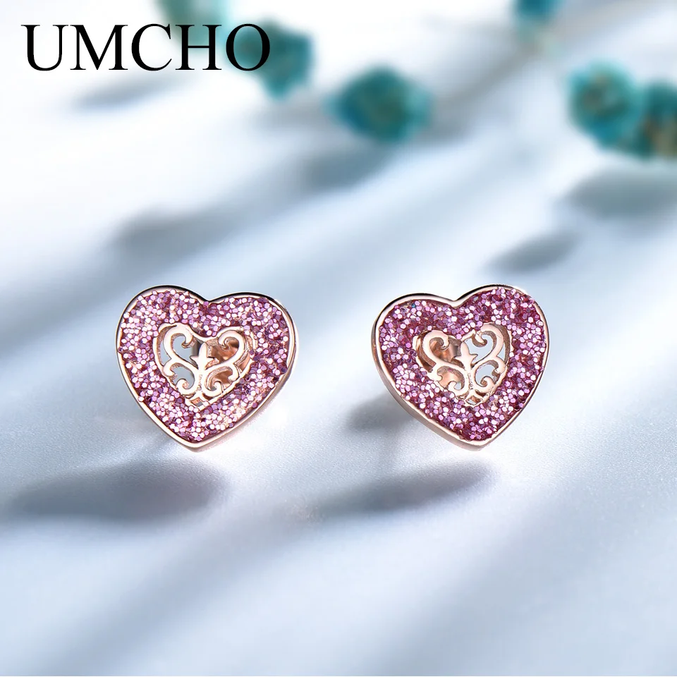 

UMCHO 925 Sterling Silver Jewelry Sequin Pink Heart Stud Earrings For Women Birthday Anniversary Romantic Gifts Fine Jewelry