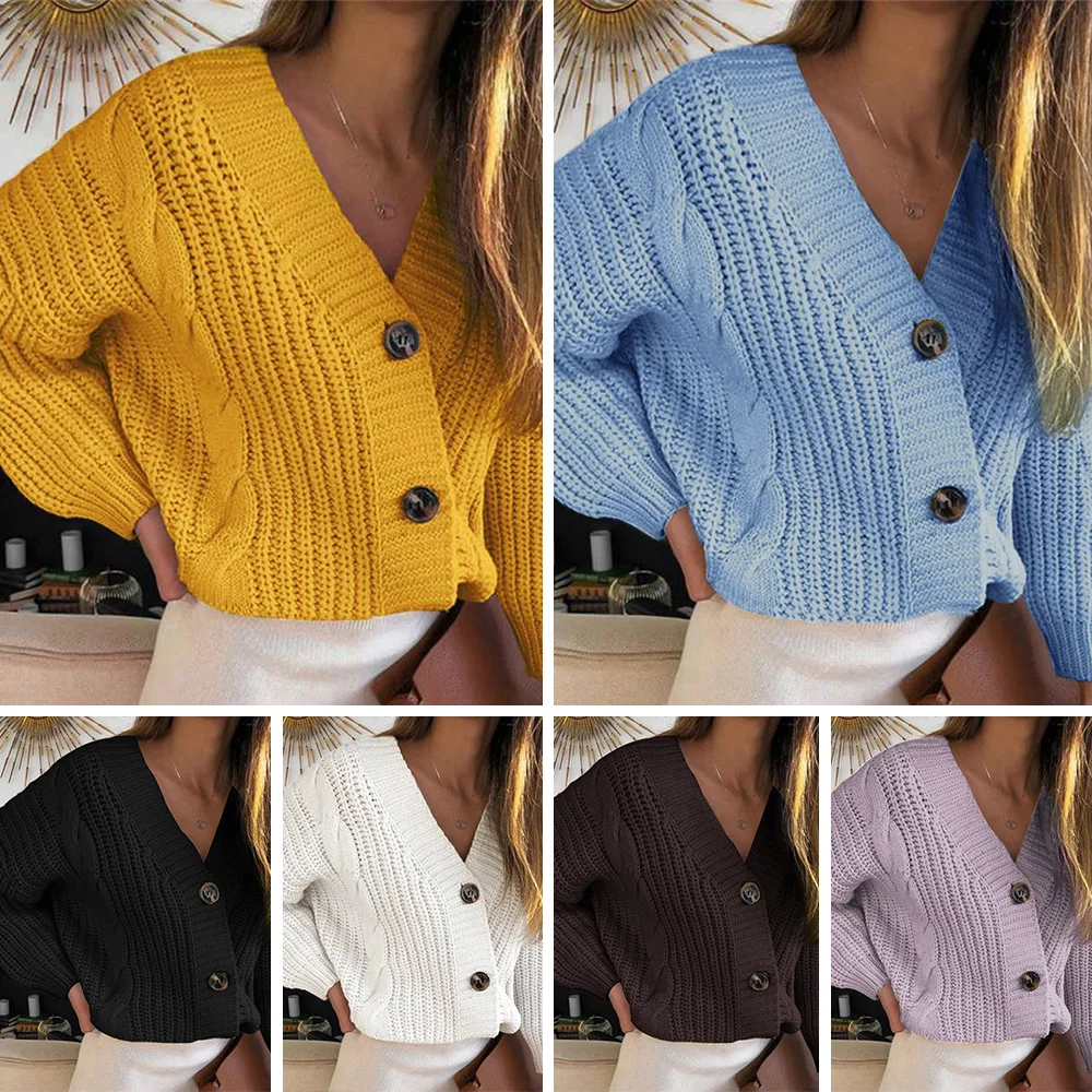 

Fashion Women Knitted Cardigan Sweater Open Front Button Long Sleeves New 2020 Casual V Neck Sweater Solid Loose Outerwear Coats