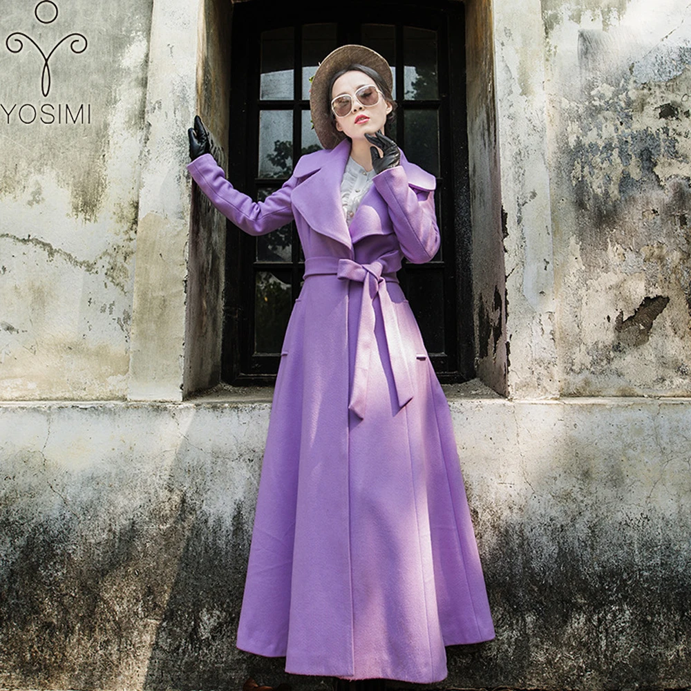 YOSIMI зимнее женское шерстяное длинное пальто макси с длинным рукавом размера плюс S-XXL длинное женское Шерстяное Пальто с кисточками красное вино