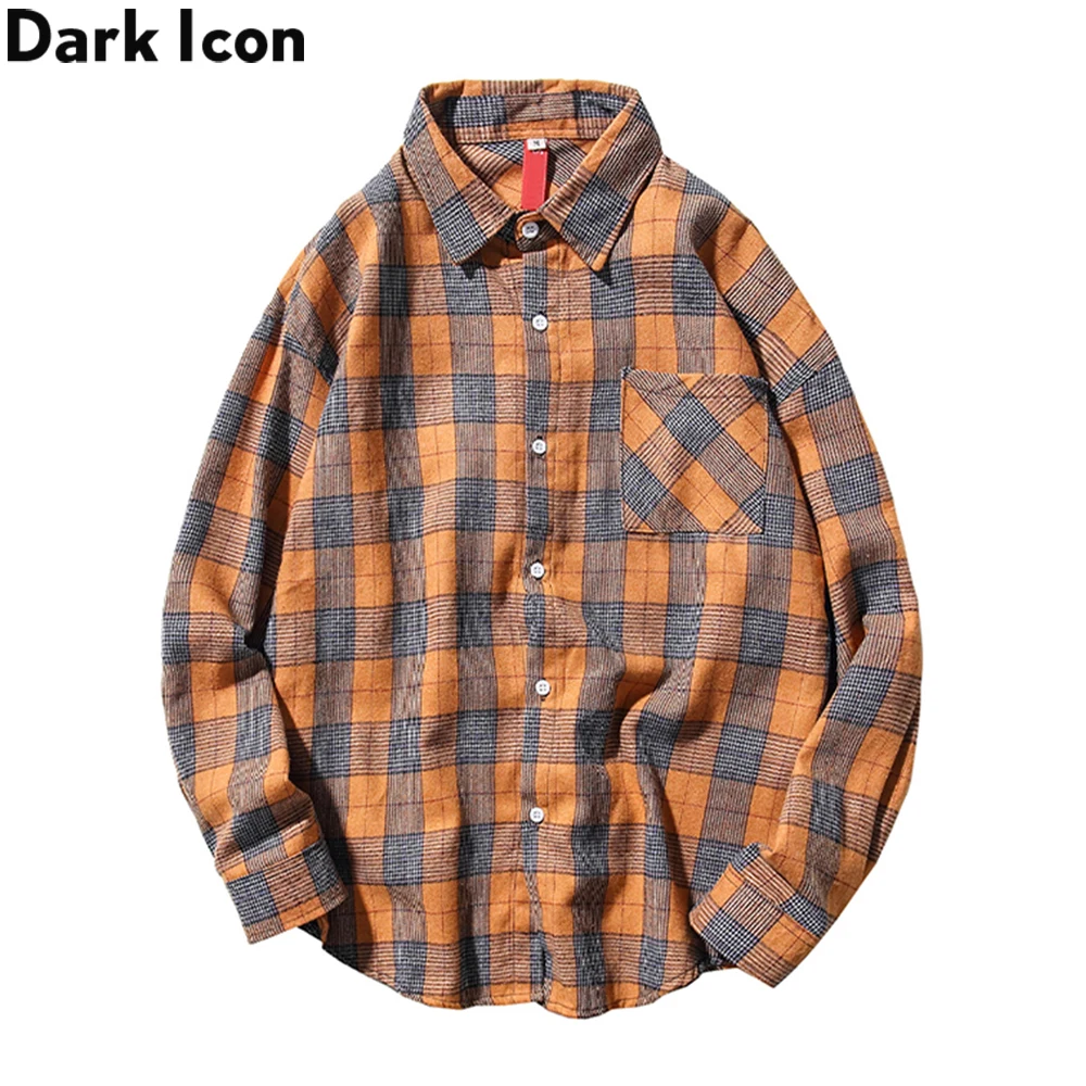 

Рубашка в оранжевую клетку Dark Icon, мужская повседневная рубашка с отложным воротником и длинными рукавами, осень 2020