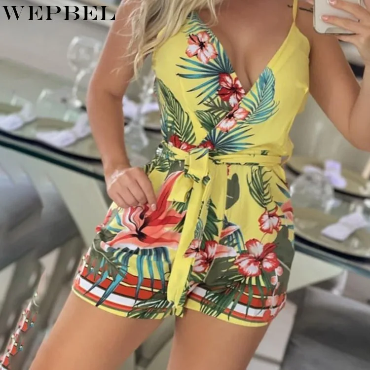 

WEPBEL Playsuits Women's Printed Slim Straight Playsuits Summer V-neck Backless Lace Up High Waist Spaghetti Strap Playsuits