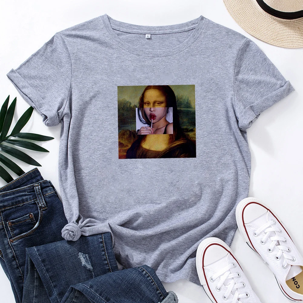 Funny Mona Lisa Women T Shirt Cotton Printing Fashion Aesthetic T-Shirts Women round neck Casual Tide Tshirt Women Tops