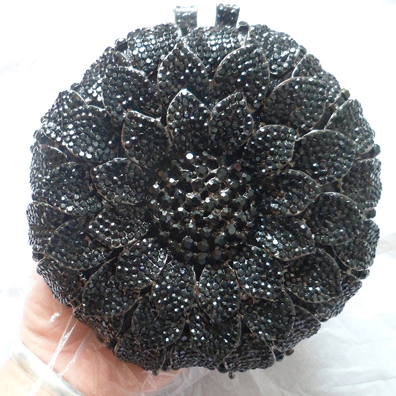 

Luxury Black Diamond Women’s Evening Bag Fashion Circle Shape Female Crystal Sun Flower Shoulder Clutches Chain Wedding Purse