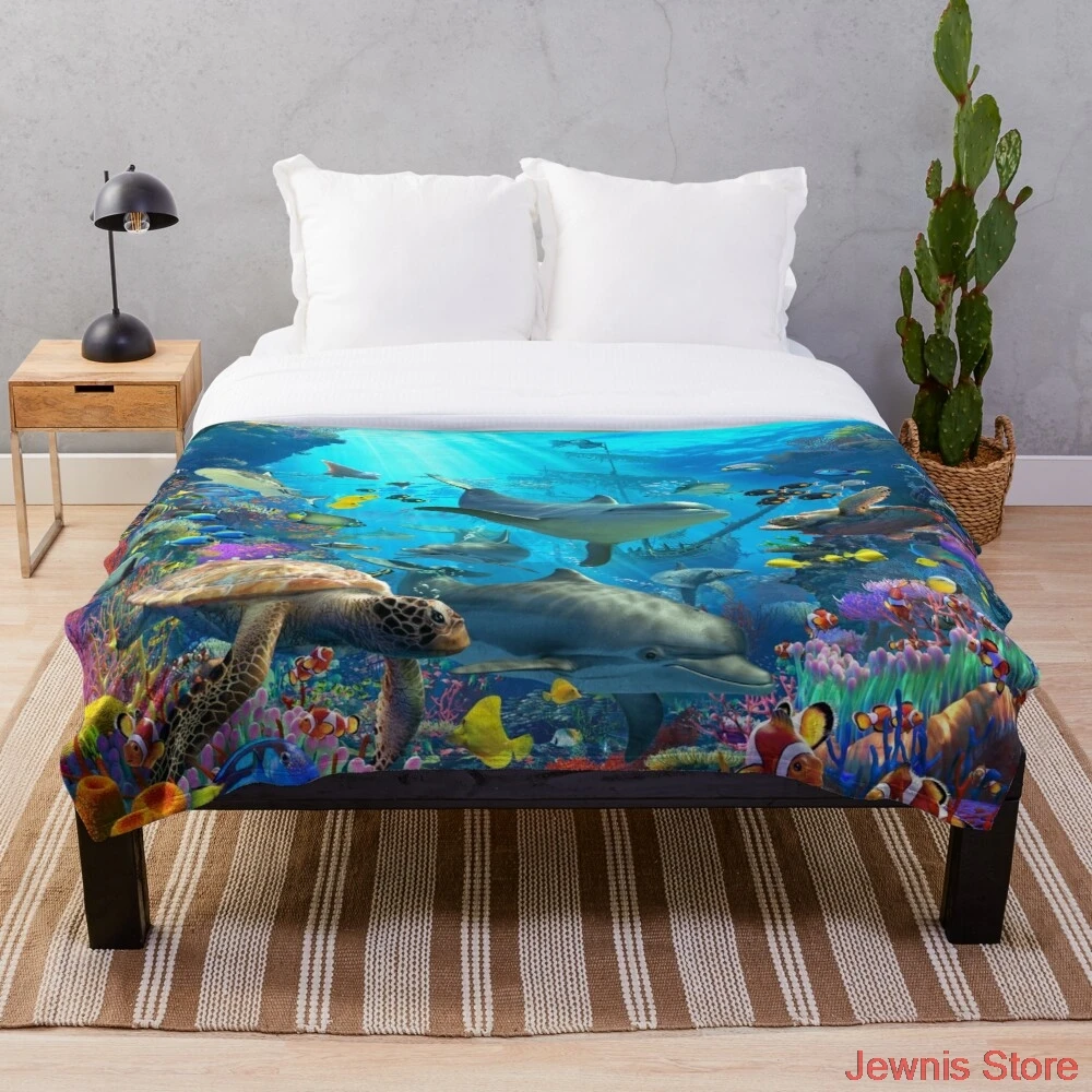 

Dolphin Playground Throw Blanket Soft Sleeping Sherpa Backing Kids Girls Boys for Christmas Gift on Bed Sofa Cartoon Blanket