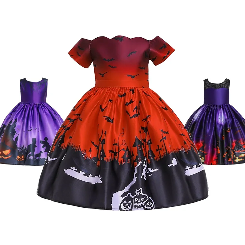 

Платье детское вечернее на Хэллоуин, с принтом тыквы, летучей мыши, ведьмы, От 2 до 10 лет