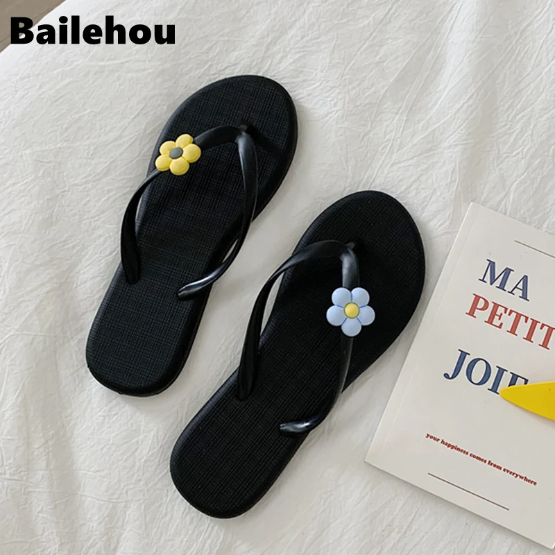 Bailehou/женские шлепанцы; летние милые вьетнамки на плоской подошве с подсолнухами; яркие цвета; пляжные женские сандалии; повседневные Мягкие Шлепанцы