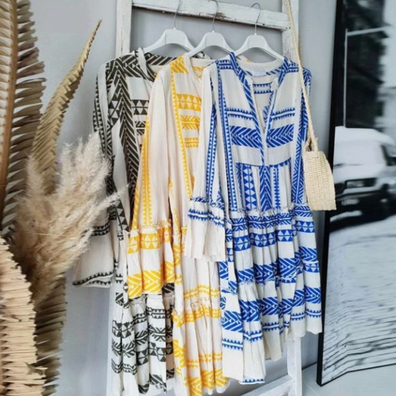 

Women Casual Pleated Dress Summer Bodycon Dress Mini Dress Fashion Print Bohemian Lady V-Neck Beach Style Dresses Plus Size