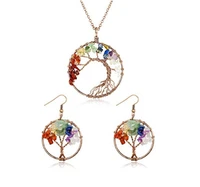 fyjs unique copper plated wire wrap tree of life pendant link chain necklace drop earrings rainbow stone jewelry sets