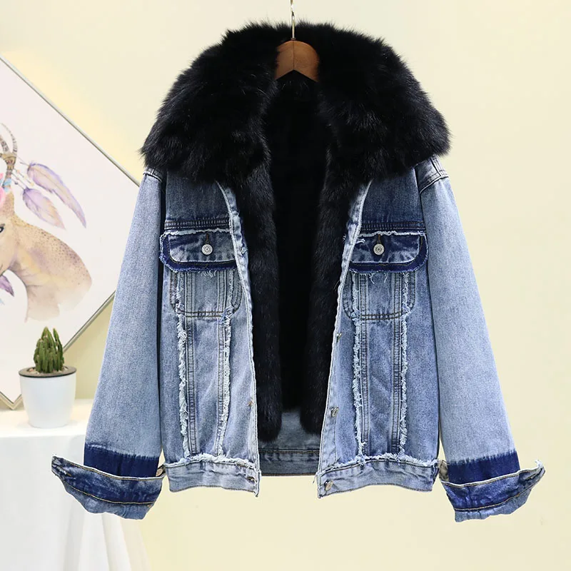 Модная Джинсовая куртка женская с лисьим меховым воротником 2019 новое зимнее