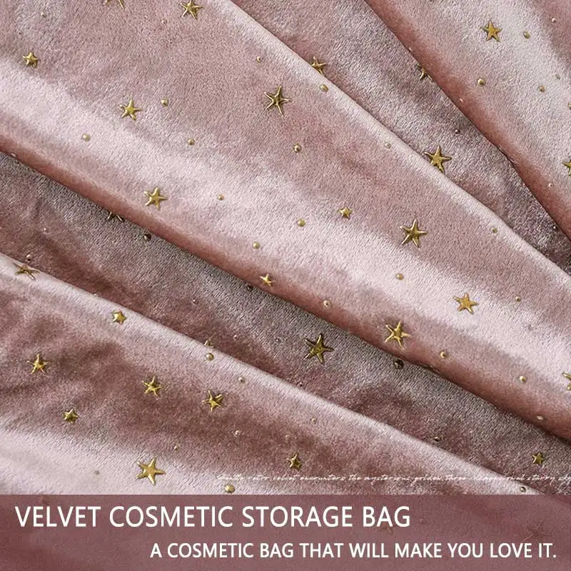 

LFZKLZ 1 Pcs New Retro Women Cosmetic Bag Zipper Gold Star Velvet Makeup Bag Soft Female Travel Make Up Pouch Beauty Case