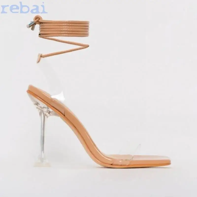 

2021 Fashion Women Shoes Peep Toe Transparent Heel Wedges High Heels Sandals Summes Cross Strap Lace-Up Pumps Sandles Women