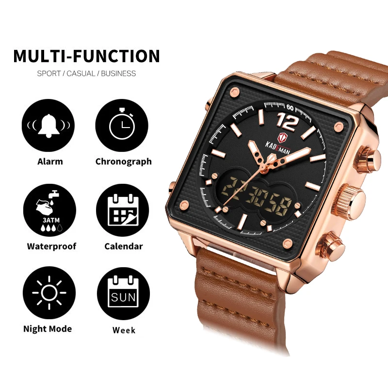 Мужские часы с двойным механизмом роскошные квадратные топ бренд KADEMAN
