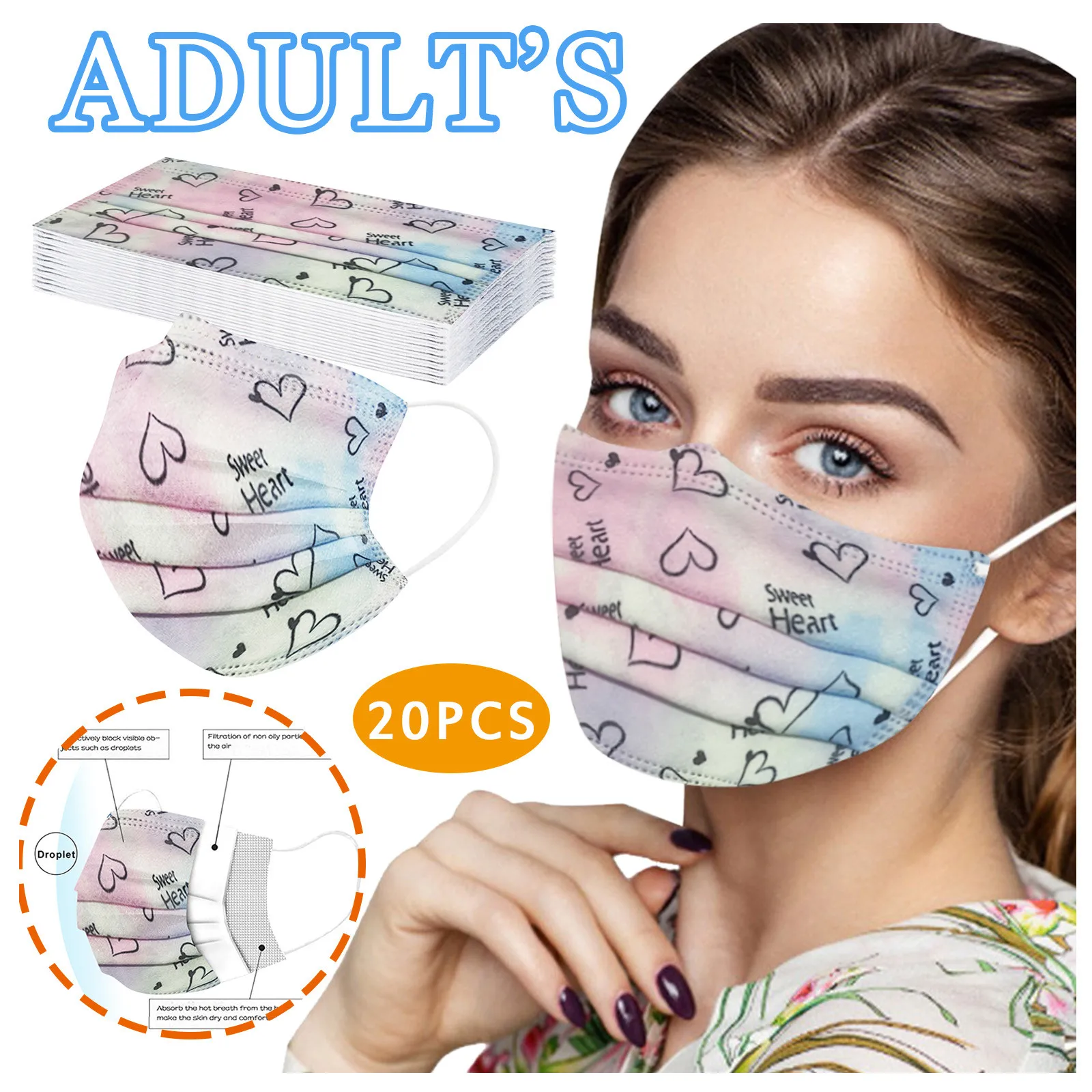 

10/20/100 Pcs Disposable Adult Cute Heart Pattern Printing Earloop Masks Non-woven Melt Blown 3-layer Mascarilla Mascarilas