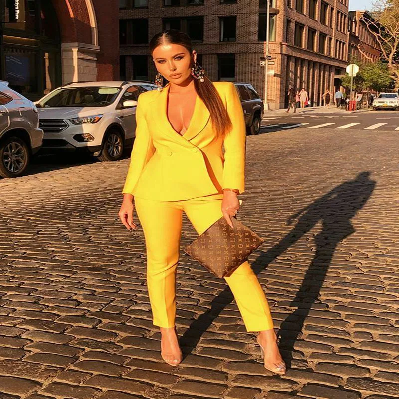 Women's 2-Piece Yellow Trouser Suit Business Slim Fit Work Wear V-neck Double-Breasted Blazer
