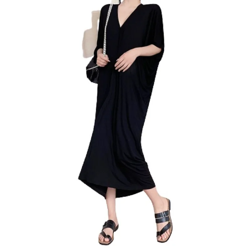 

Женское плиссированное платье PERHAPS U, черное элегантное эластичное платье с рукавами летучая мышь, V-образным вырезом, свободного покроя, до ...