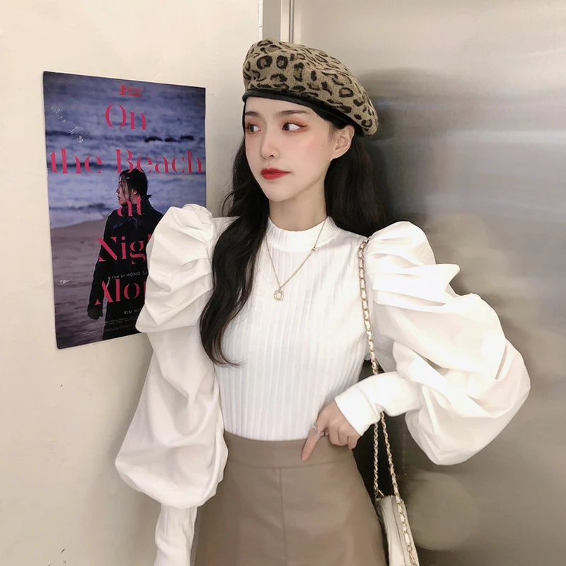 Женский пуловер с длинными рукавами Nomikuma вязаный тонкий буфами и круглым вырезом