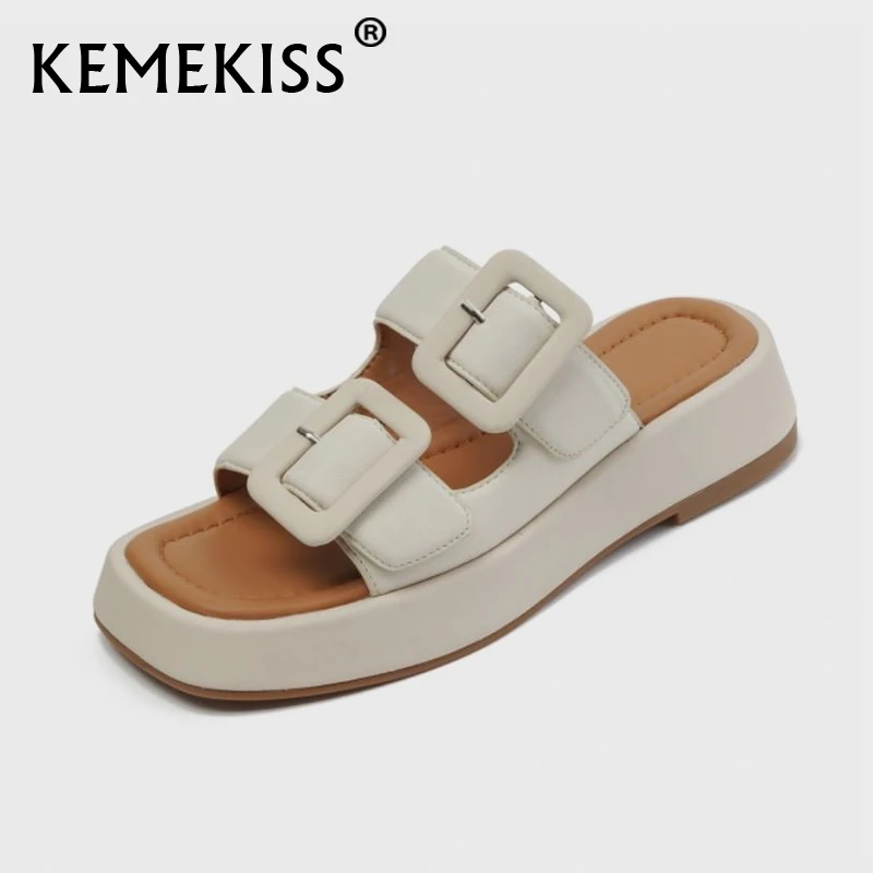 

KemeKiss High Quality Women Genuine Leather Slippers Platform Buckle Slip On Slides Summer Fashion Ladies Footwear Size 34-39