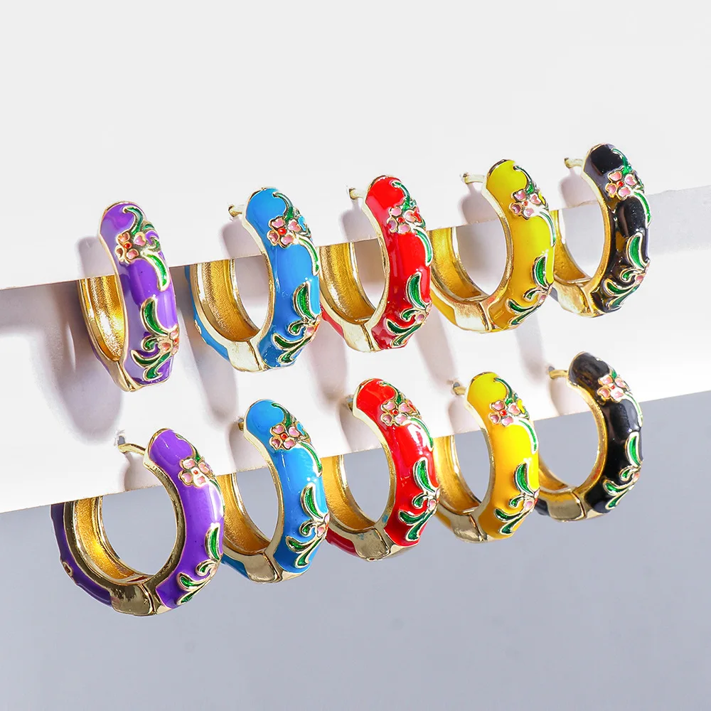 

Gold Clip Earrings for Women, Stud Hoop Earring for Girls, Colorful Enamel Flower Paint, China Ethnic Bohemia Design