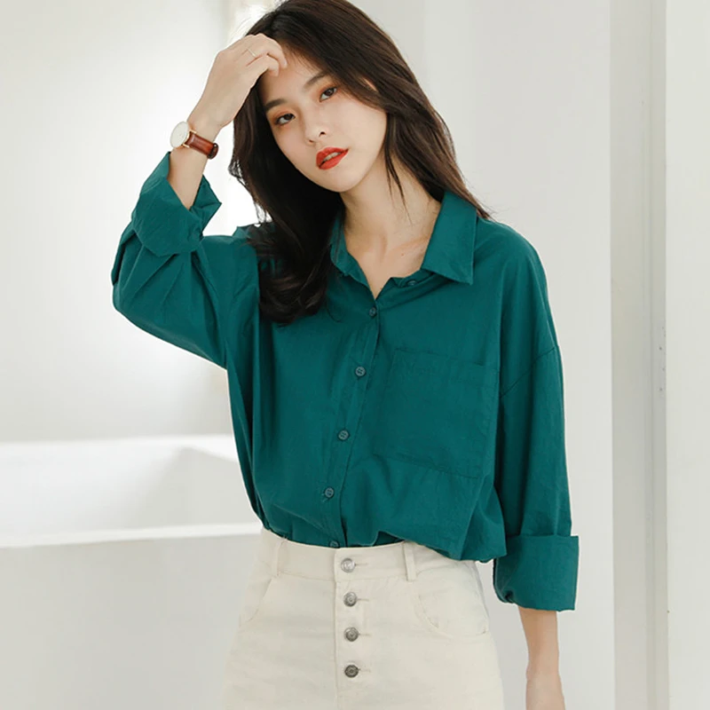 BGTEEVER Осень-зима женские свободные рубашки отложной воротник полный рукав карман