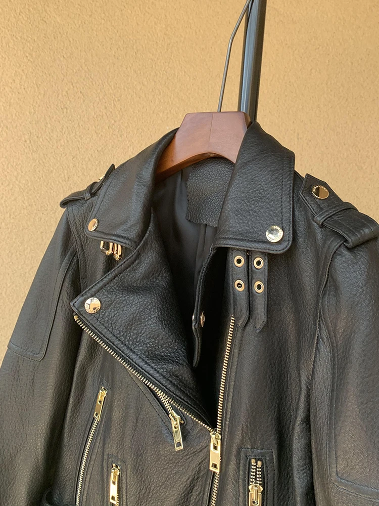 

Spring Autumn European High Quality Foam Cool Zipper Motorcycle Sheepskin Leather Jacket