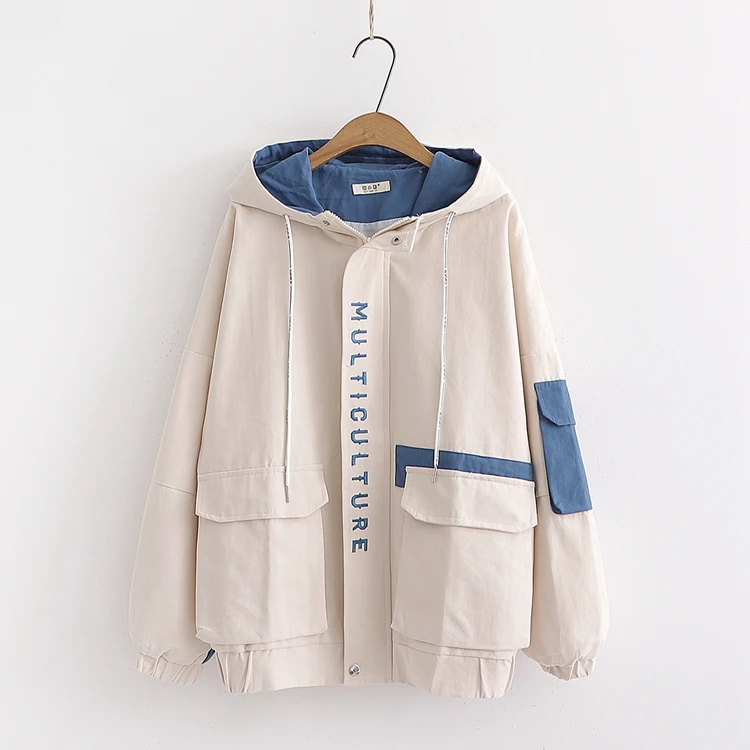 2019 осенний женский основной куртка на молнии с капюшоном и вышивкой контрастный