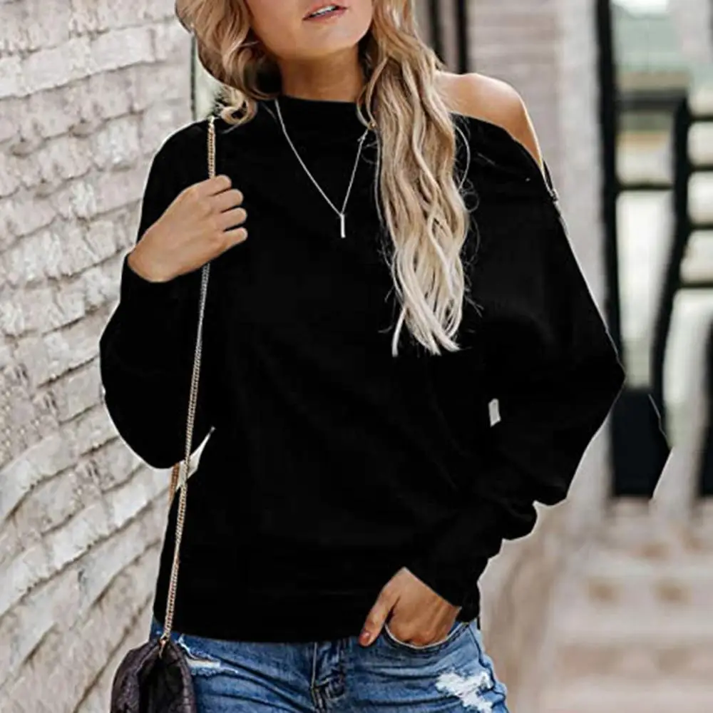 

Women's Solid Color blusa Long-sleeved Sweatshirt Off-the-shoulder Casual Blouse blusa feminina autumn charming F
