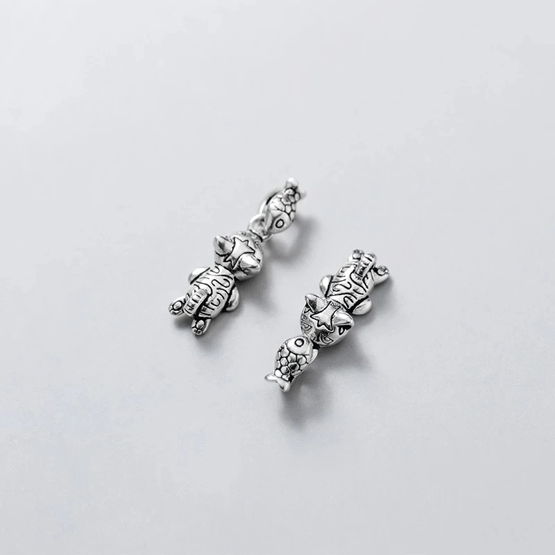 925 пробы серебро Забавный дизайн принт Кот рыбка Подвески DIY набор ювелирной